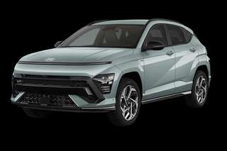Schräge Frontansicht auf einen Hyundai Kona N Line, freigestellt