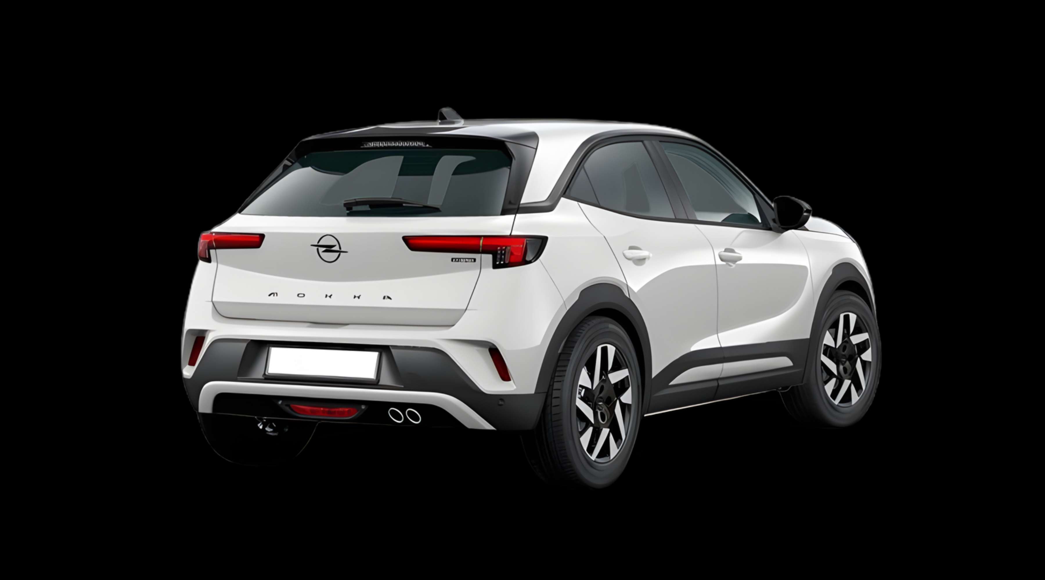 Schräge Heckansicht auf einen Opel Mokka, freigestellt
