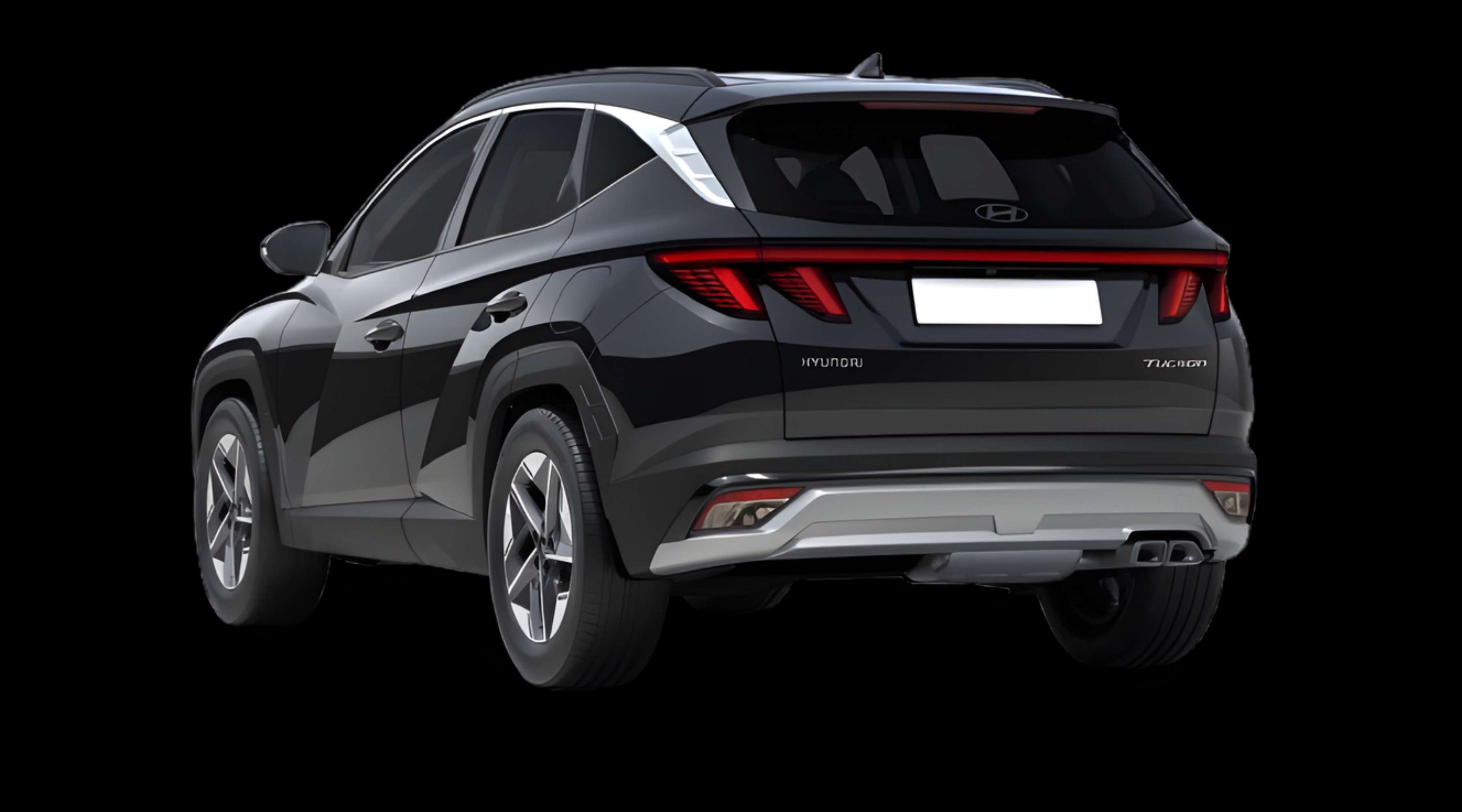 Schräge Heckansicht auf einen Hyundai Tucson, freigestellt