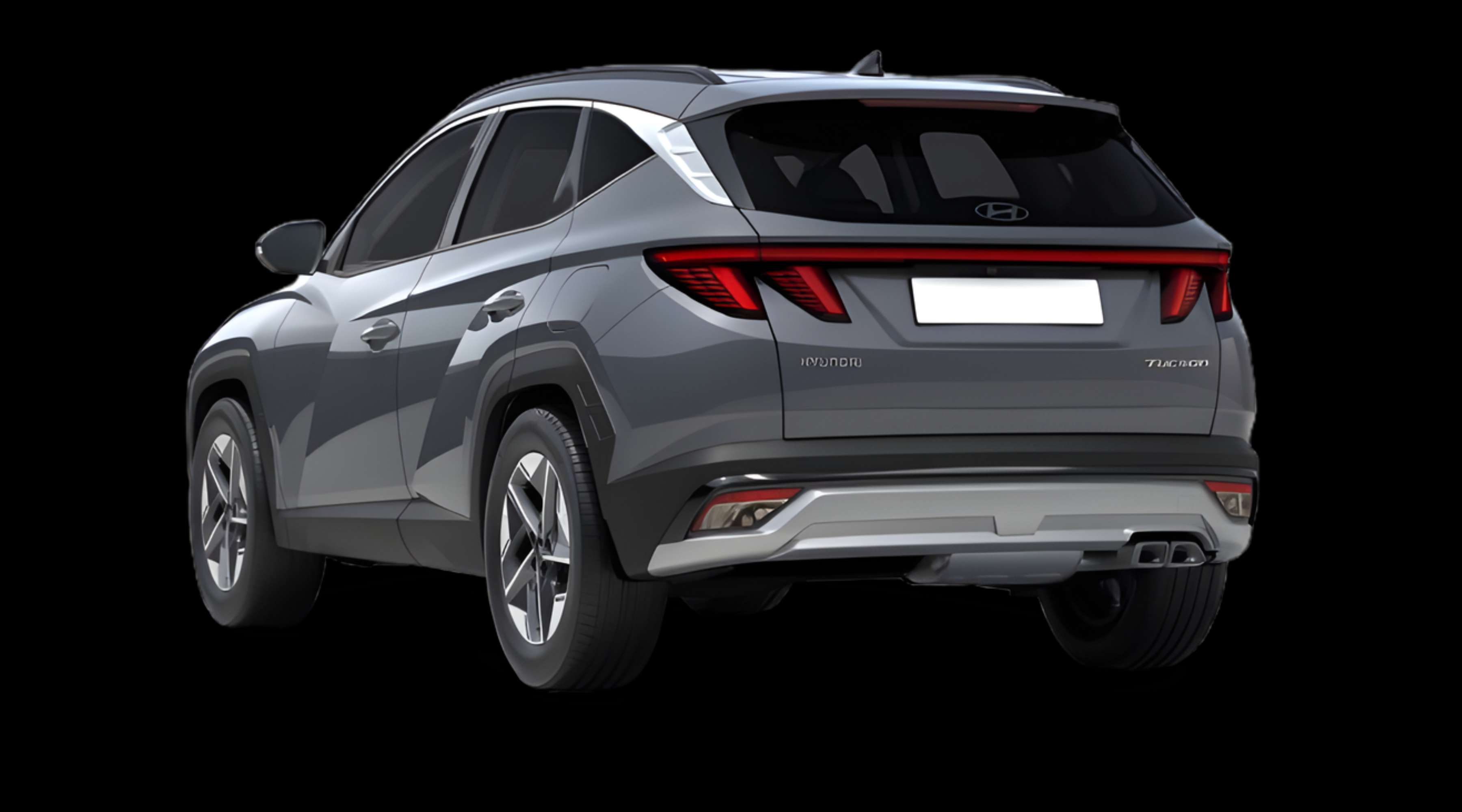 Schräge Heckansicht auf einen Hyundai Tucson, freigestellt