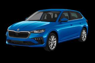 Schräge Frontansicht auf einen Skoda Scala Selection, freigestellt