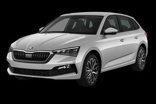 Schräge Frontansicht auf einen Skoda Scala Selection, freigestellt