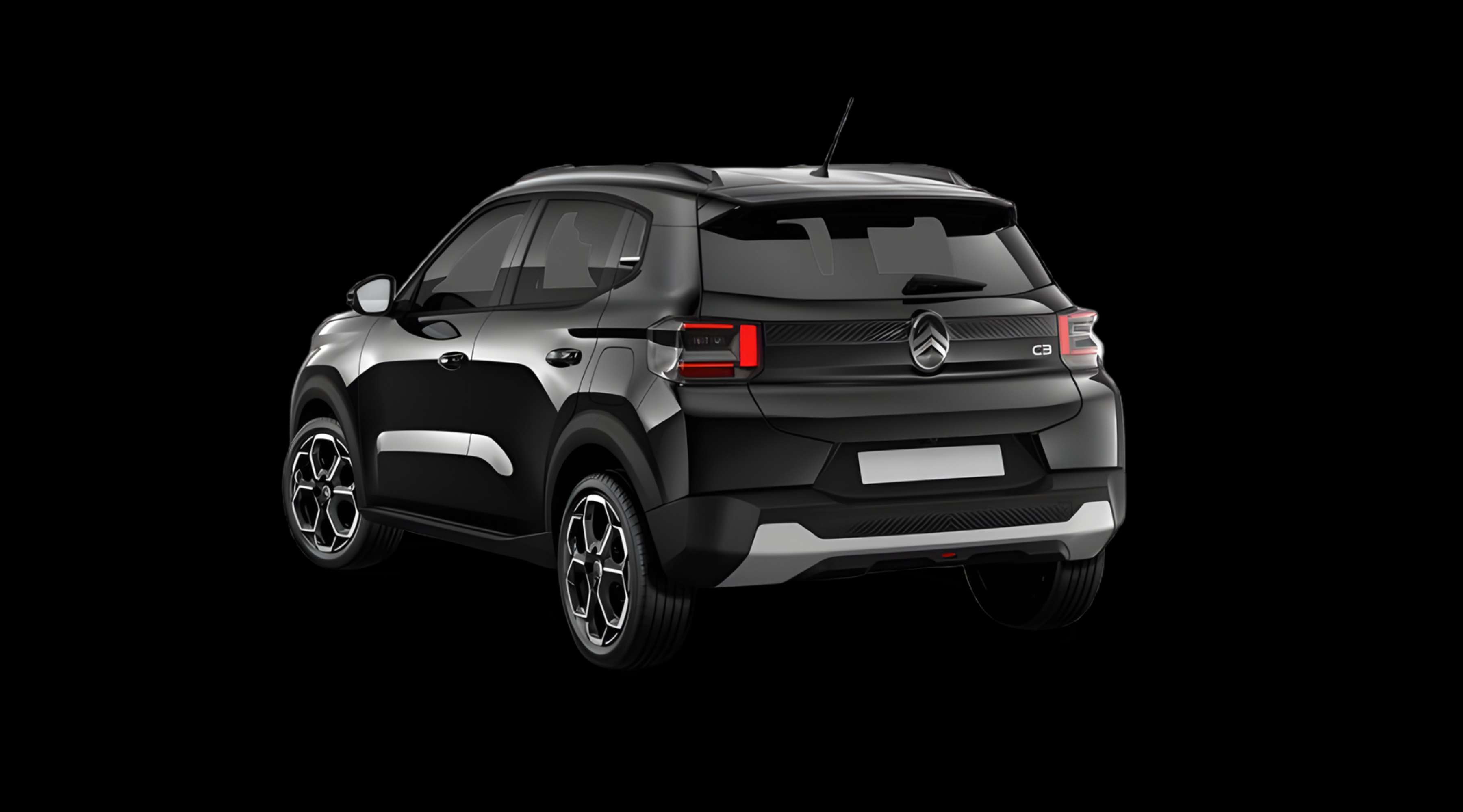 Schräge Heckansicht eines Citroën C3, freigestellt