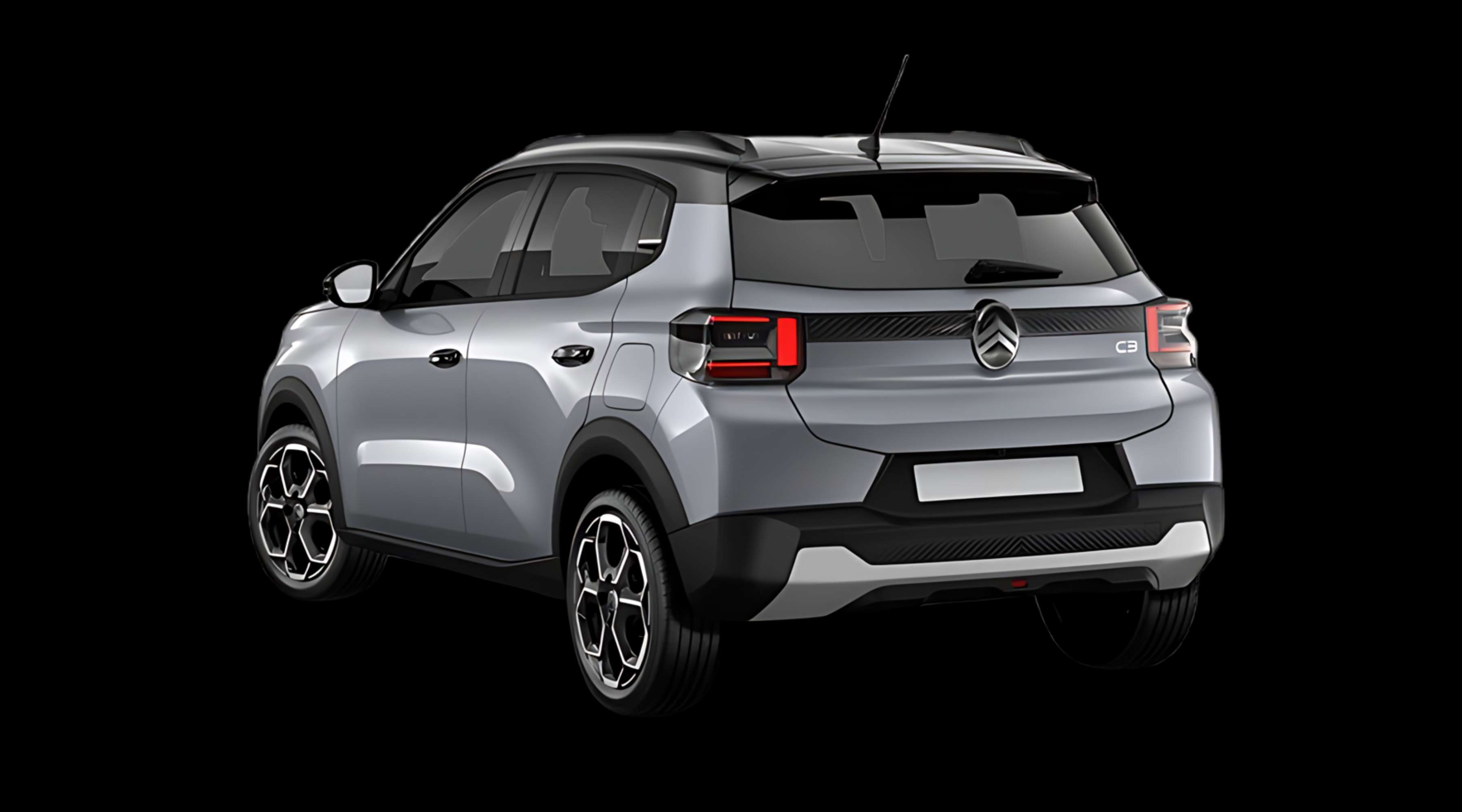 Schräge Heckansicht eines Citroën C3, freigestellt