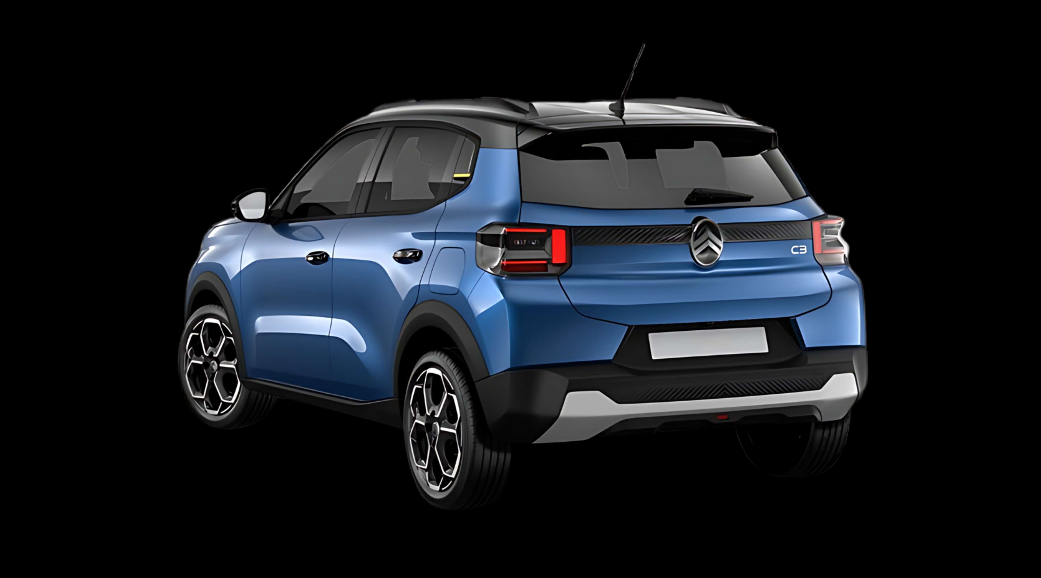 Schräge Heckansicht eines Citroën C3, freigestellt