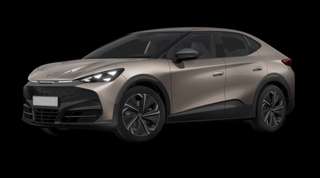 Schräge Frontansicht auf einen CUPRA Tavascan VZ, freigestellt