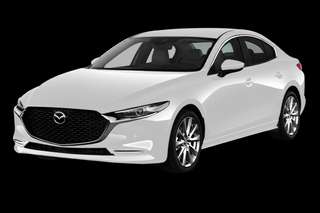 Schräge Frontansicht auf einen Mazda Mazda3 Exclusive-Line, freigestellt