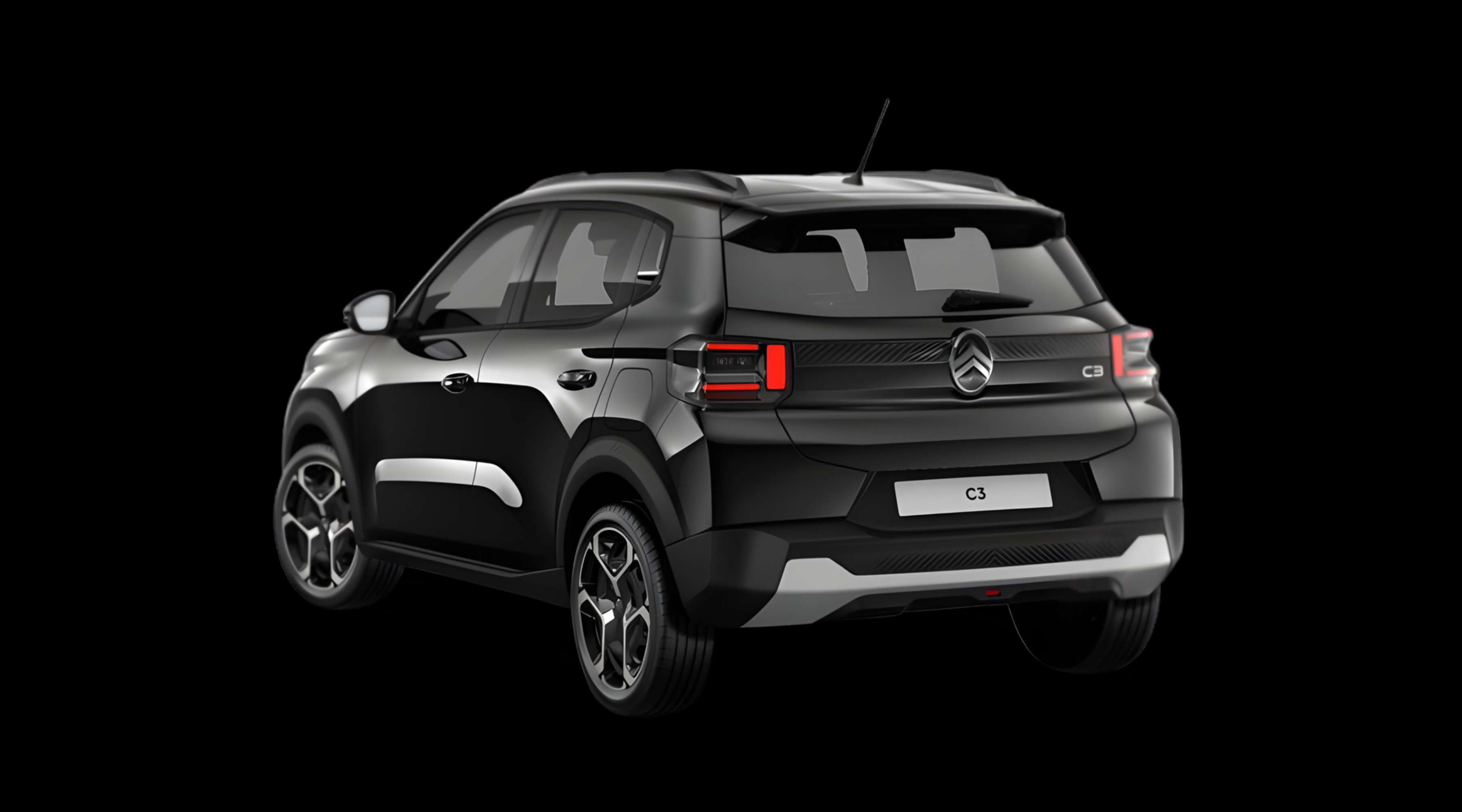 Schräge Heckansicht eines Citroën C3, freigestellt