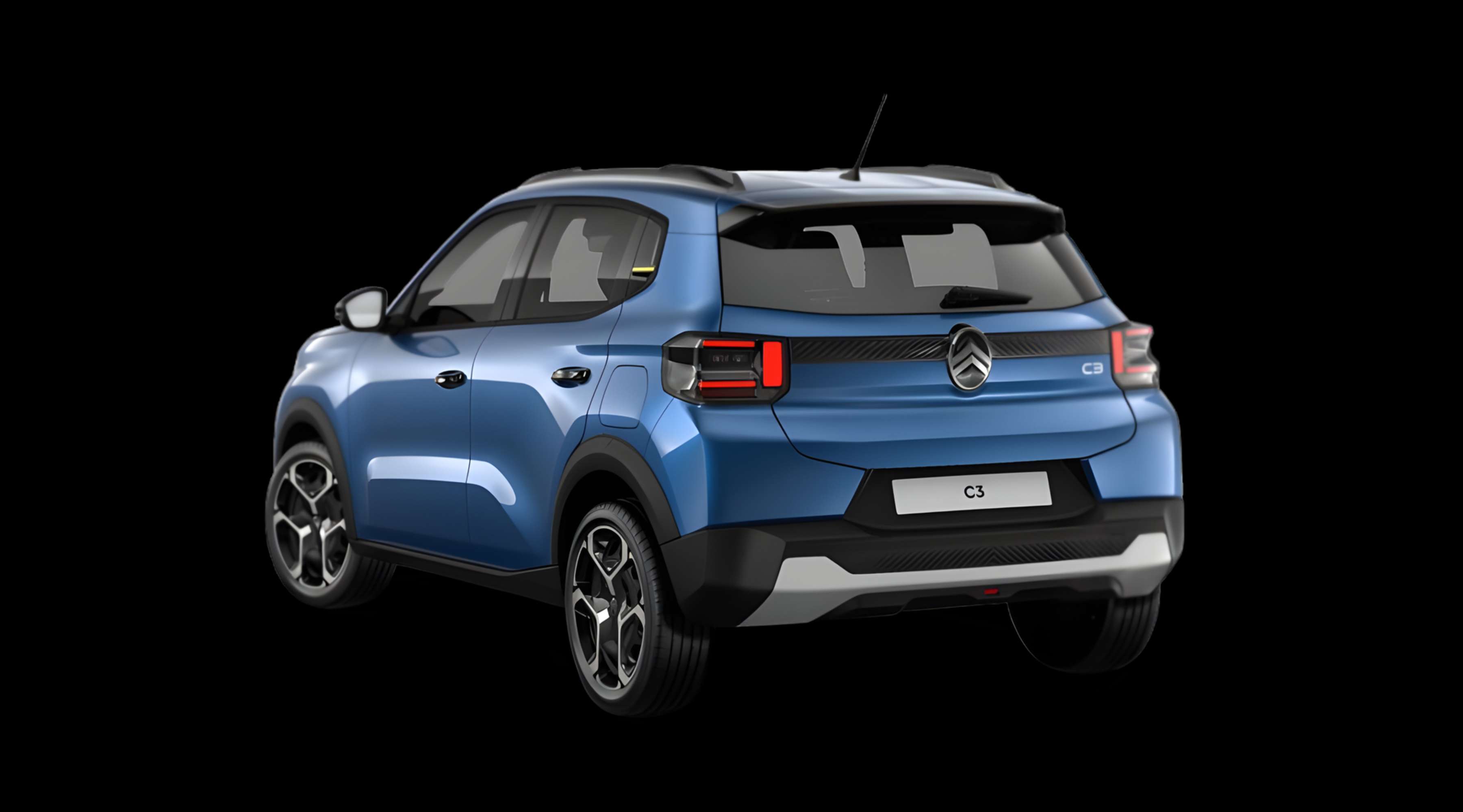 Schräge Heckansicht eines Citroën C3, freigestellt