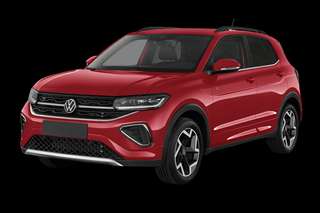 Schräge Frontansicht auf einen Volkswagen T-Cross ENERGY, freigestellt