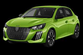 Schräge Frontansicht auf einen Peugeot 208 Business, freigestellt