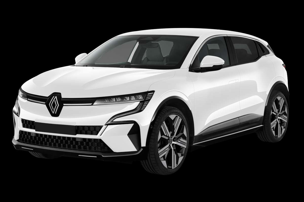 Schräge Frontansicht eines Renault Megane E-TECH, freigestellt