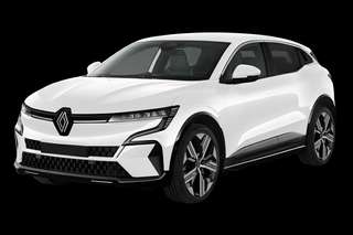 Schräge Frontansicht auf einen Renault Megane E-TECH Techno, freigestellt