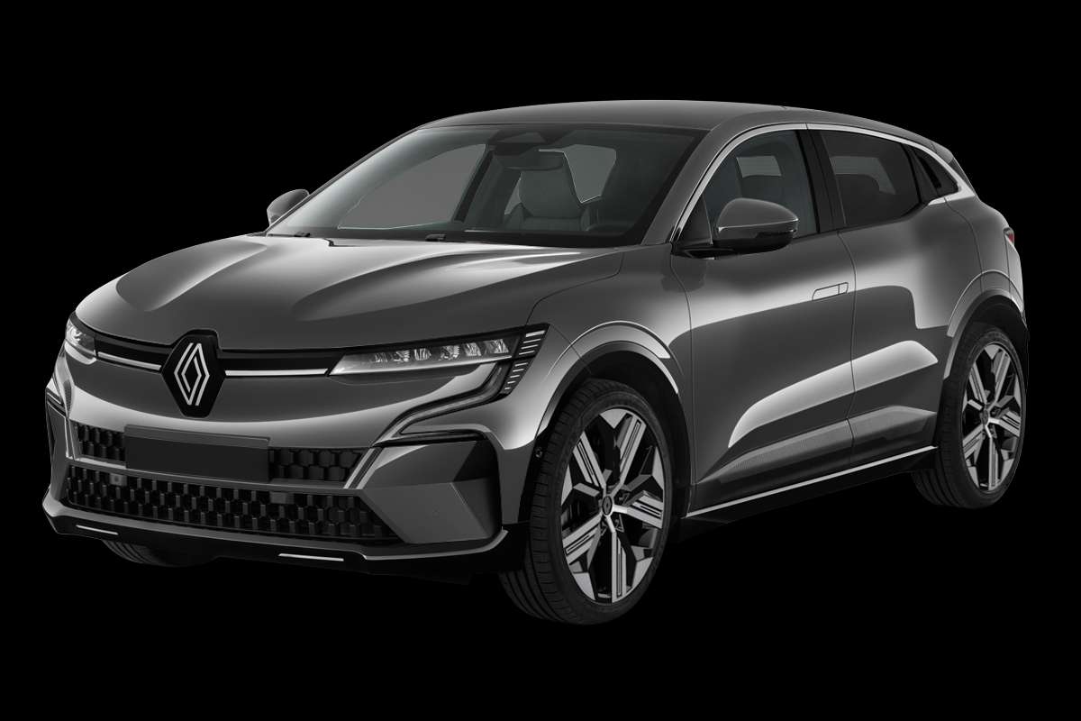 Schräge Frontansicht eines Renault Megane E-TECH, freigestellt