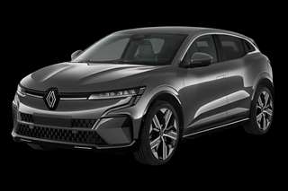 Schräge Frontansicht auf einen Renault Megane E-TECH Techno, freigestellt