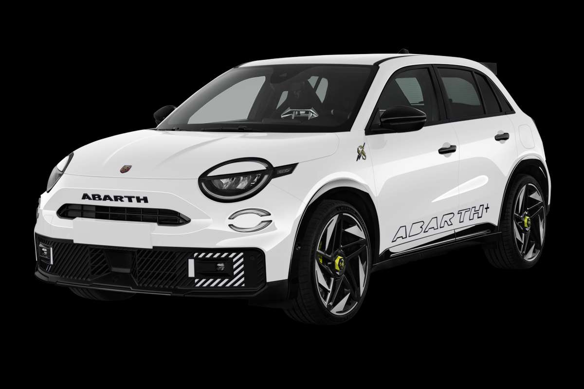 Schräge Frontansicht eines Abarth 600e, freigestellt