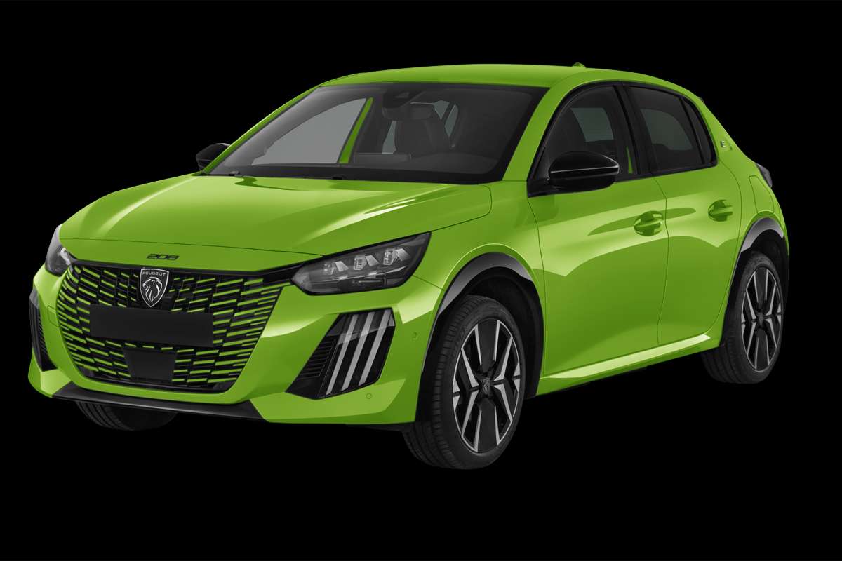 Schräge Frontansicht eines Peugeot e-208, freigestellt