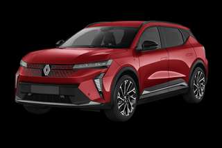 Schräge Frontansicht auf einen Renault Scenic E-TECH Techno, freigestellt