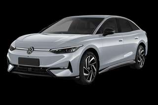 Schräge Frontansicht auf einen Volkswagen ID.7 Pro S, freigestellt