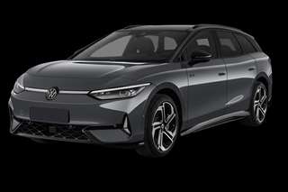 Schräge Frontansicht auf einen Volkswagen ID.7 GTX, freigestellt