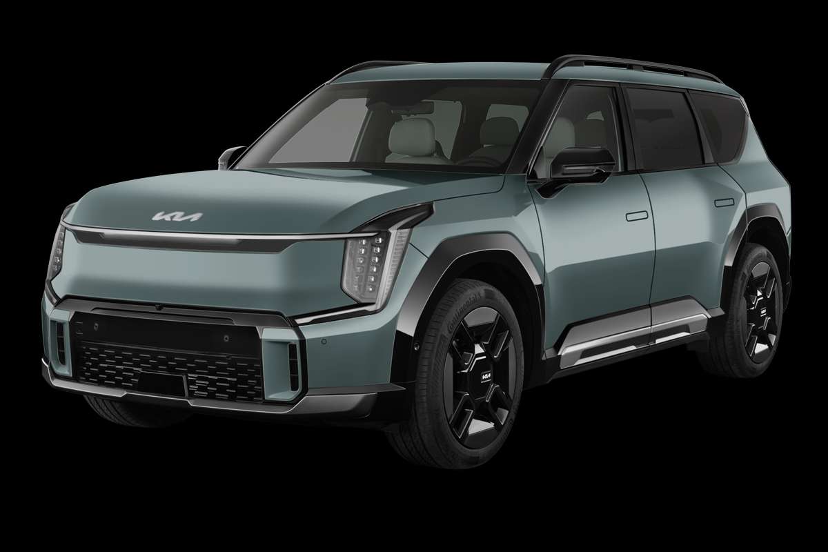 Schräge Frontansicht eines Kia EV9, freigestellt