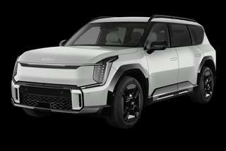 Schräge Frontansicht auf einen Kia EV9 GT, freigestellt