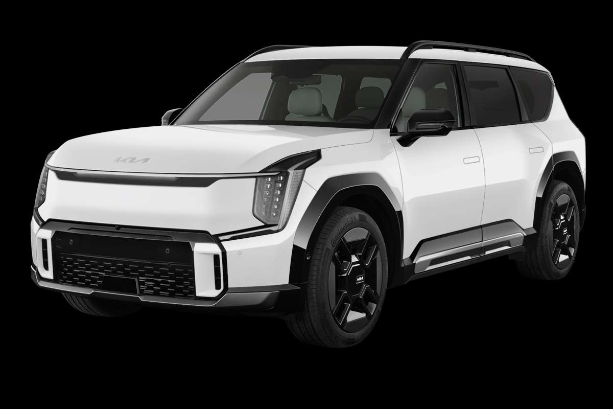 Schräge Frontansicht eines Kia EV9, freigestellt