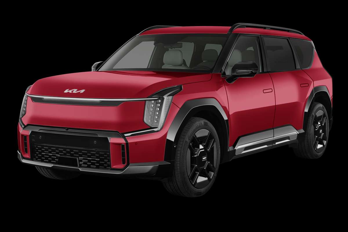 Schräge Frontansicht eines Kia EV9, freigestellt