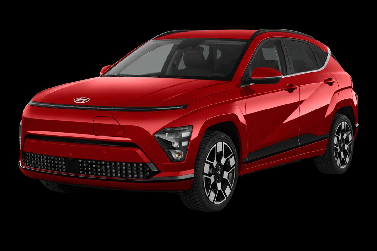 Schräge Frontansicht eines Hyundai Kona Elektro, freigestellt