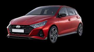 Schräge Frontansicht auf einen Hyundai i20 Prime, freigestellt