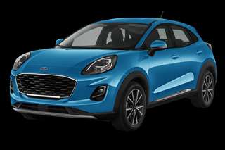 Schräge Frontansicht auf einen Ford Puma Sound Edition, freigestellt