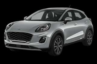 Schräge Frontansicht auf einen Ford Puma Sound Edition, freigestellt