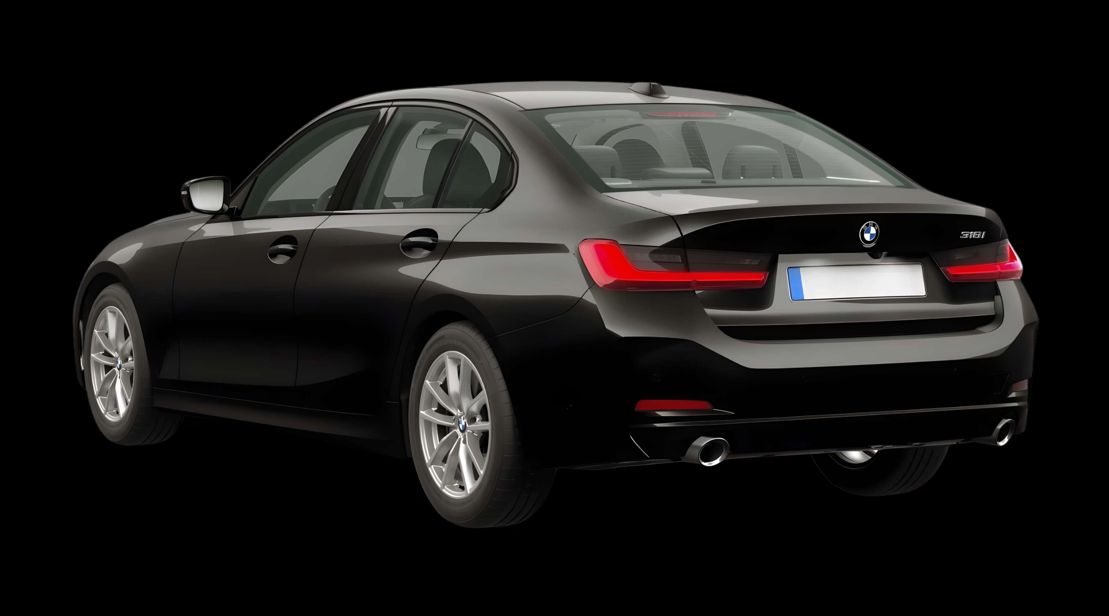 Schräge Heckansicht eines BMW 3er-Reihe, freigestellt