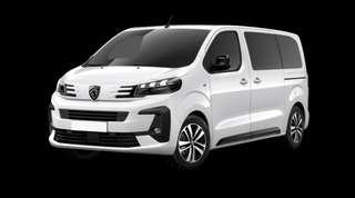 Schräge Frontansicht auf einen Peugeot Traveller Active, freigestellt