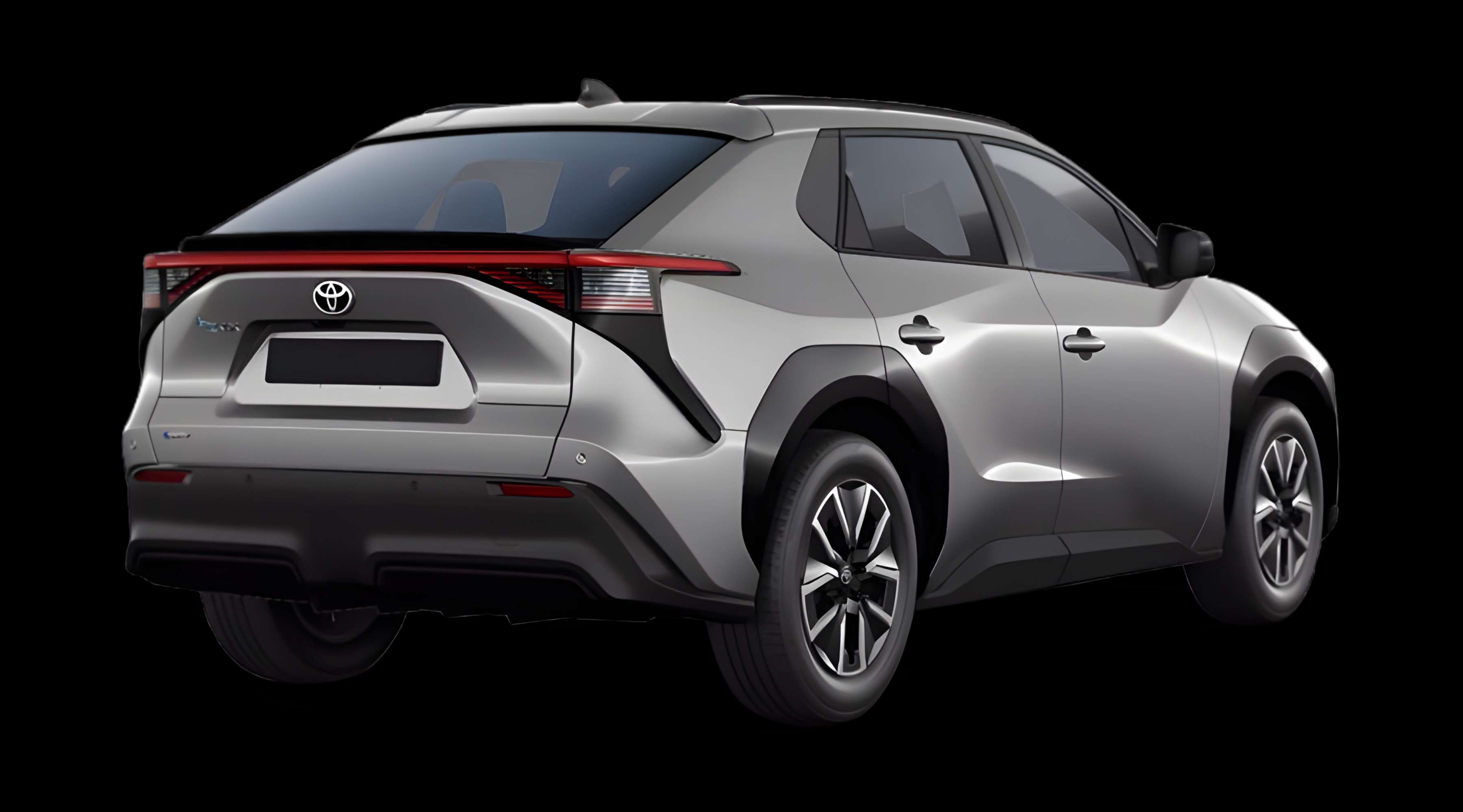 Schräge Heckansicht eines Toyota bZ4X, freigestellt