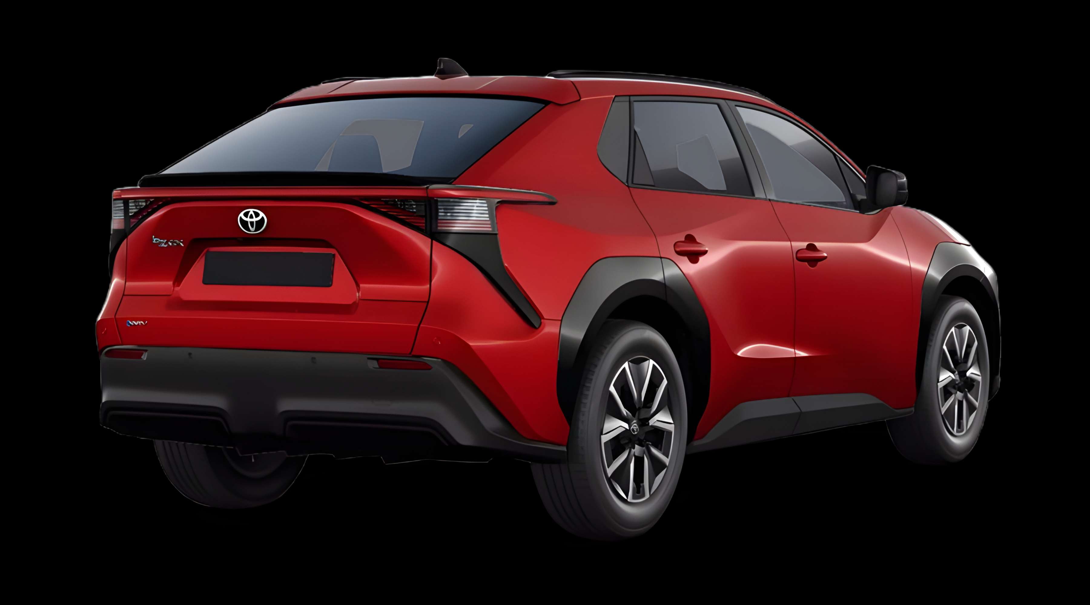 Schräge Heckansicht eines Toyota bZ4X, freigestellt