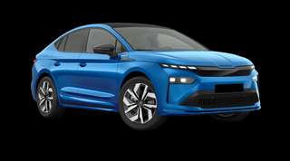 Schräge Frontansicht auf einen Skoda Enyaq Coupé RS, freigestellt