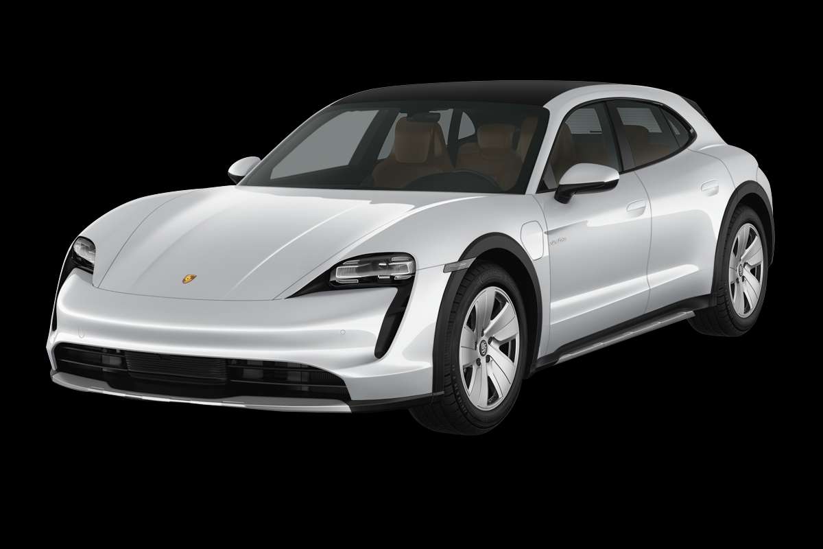 Schräge Frontansicht eines Porsche Taycan, freigestellt