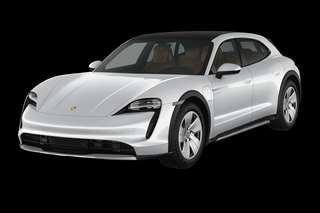 Schräge Frontansicht auf einen Porsche Taycan , freigestellt