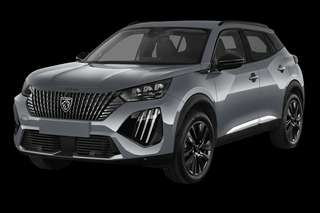 Schräge Frontansicht auf einen Peugeot 2008 Allure, freigestellt