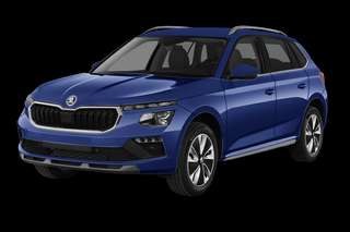 Schräge Frontansicht auf einen Skoda Kamiq Balance, freigestellt