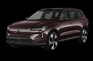 Schräge Frontansicht auf einen Volvo EX90 Plus, freigestellt