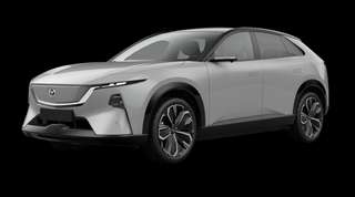 Schräge Frontansicht auf einen Mazda CX-6e Takumi Plus, freigestellt