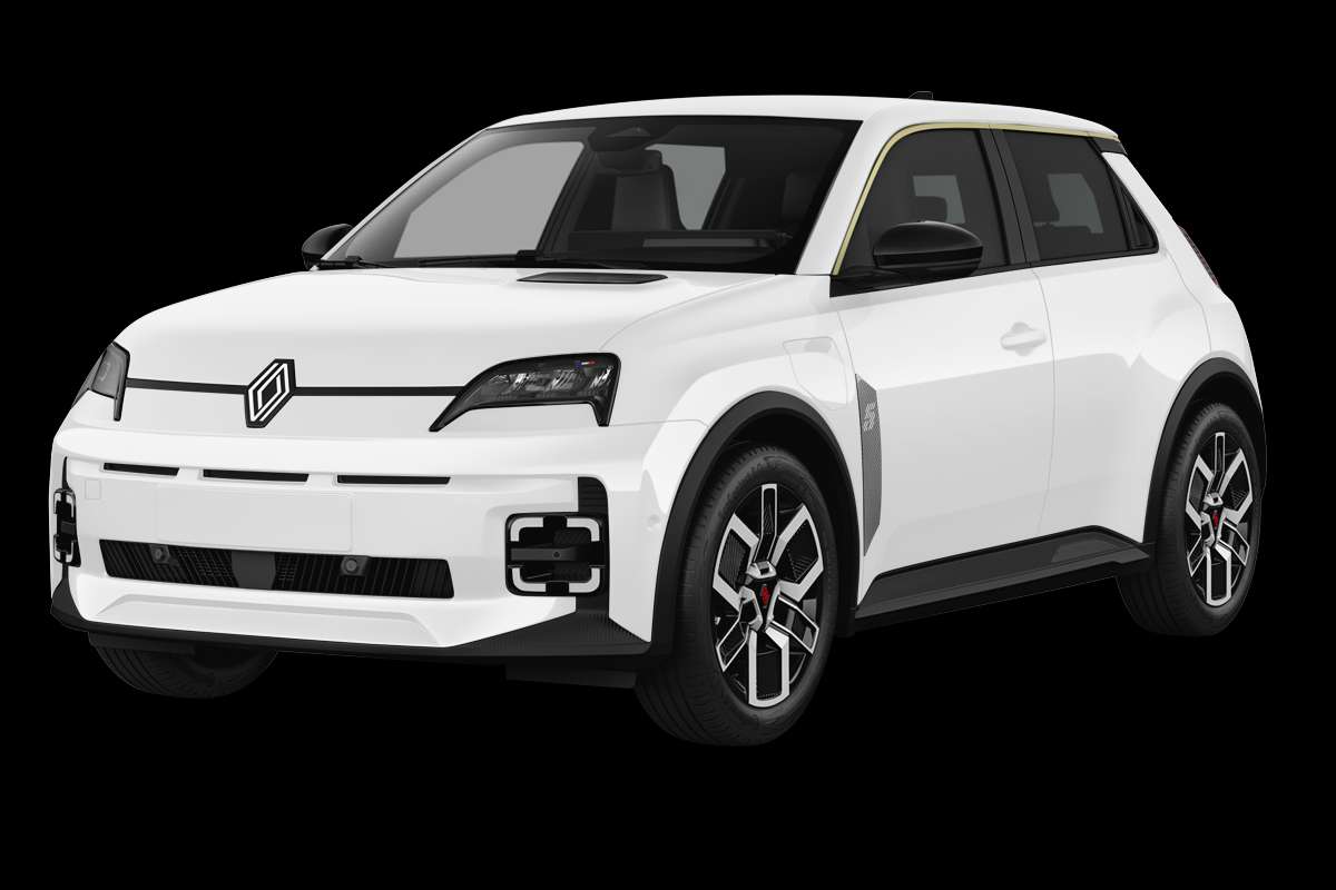 Schräge Frontansicht eines Renault 5 E-TECH, freigestellt