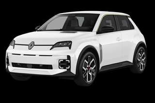 Schräge Frontansicht auf einen Renault 5 E-TECH Evolution, freigestellt