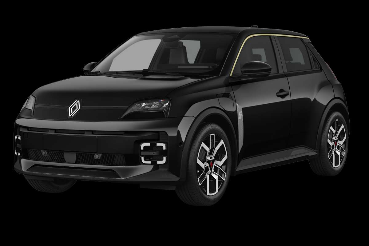 Schräge Frontansicht eines Renault 5 E-TECH, freigestellt