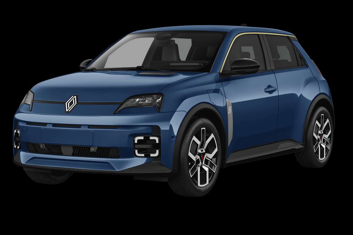 Schräge Frontansicht eines Renault 5 E-TECH, freigestellt