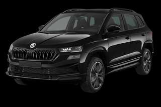 Schräge Frontansicht auf einen Skoda Karoq Balance, freigestellt