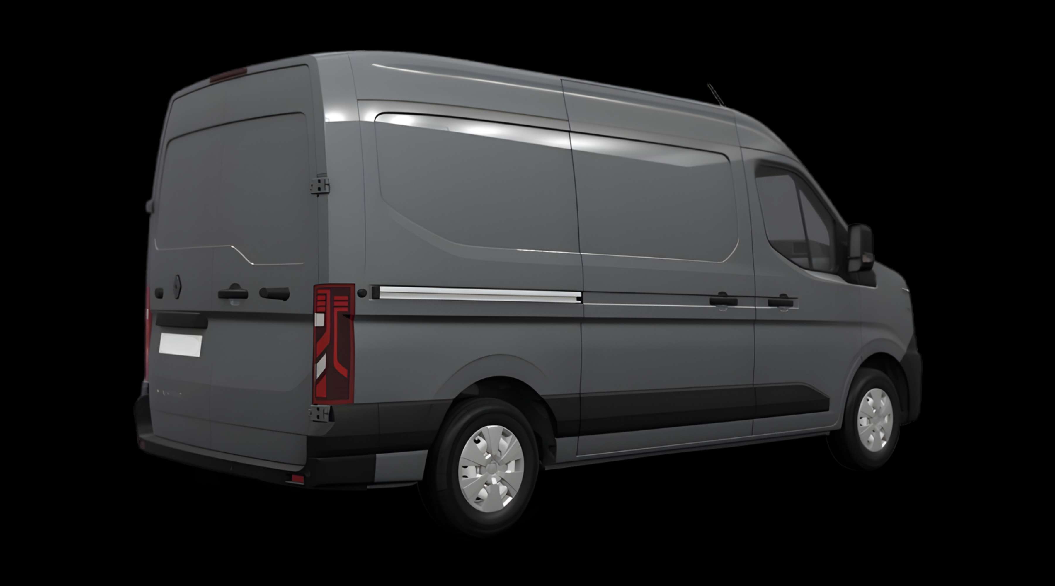 Schräge Heckansicht eines Renault Master, freigestellt