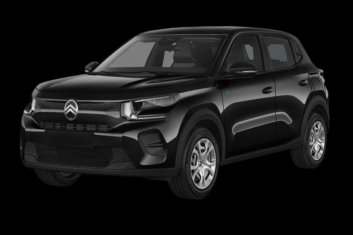 Schräge Frontansicht eines Citroën ë-C3, freigestellt